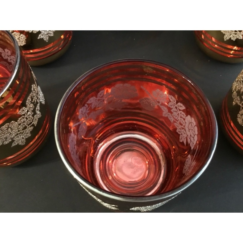 Mid Century Crown Ruby Gold Glitter Embossed 6 oz Tumblers 6 Piece Set Vintage - Picture 7 of 9